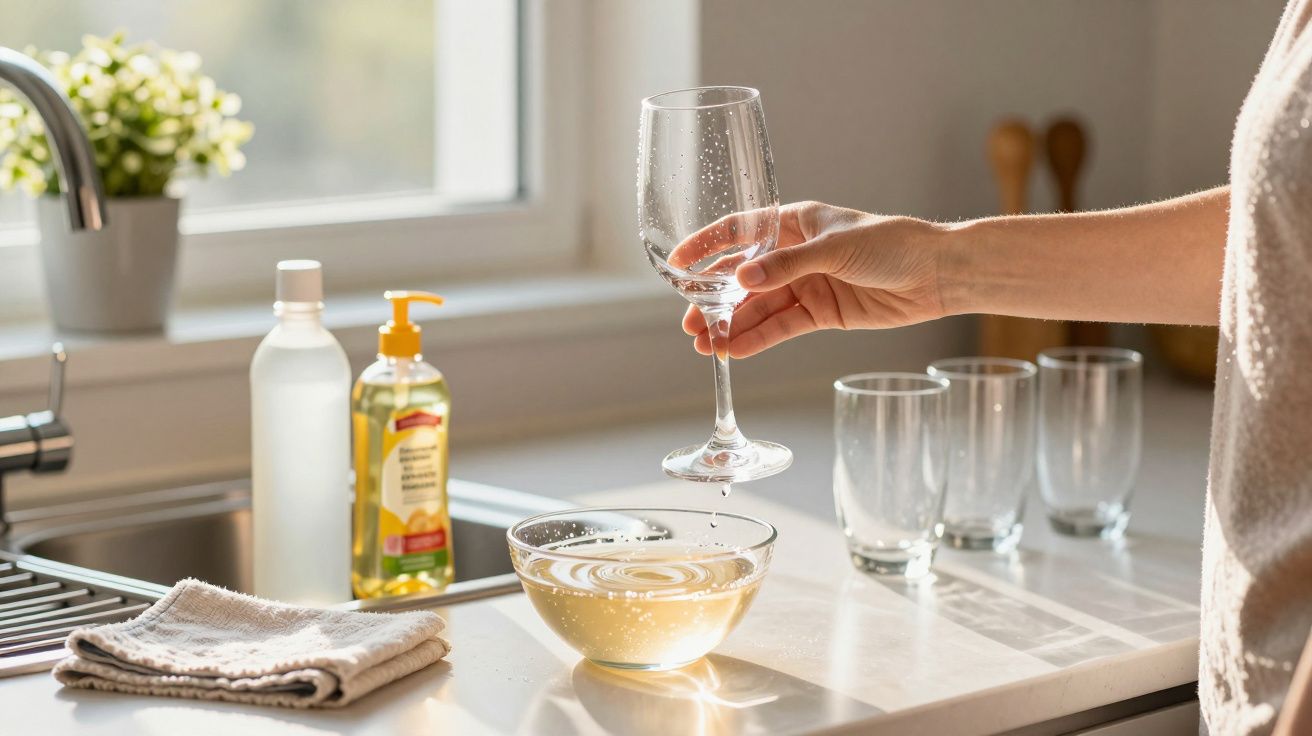 Pessoa a segurar uma taça de vidro húmida sobre uma taça com água e três copos transparentes numa bancada de cozinha.