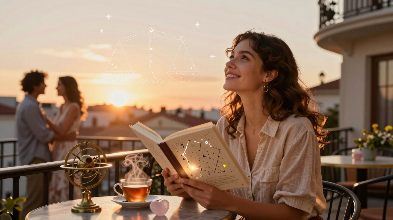 Mulher sorridente a ler livro de astrologia numa varanda ao pôr do sol com chá quente e casal ao fundo.