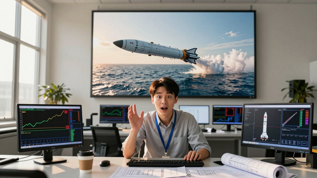 Homem surpreendido sentado em escritório com ecrãs e imagem de foguete a lançar sobre o mar.