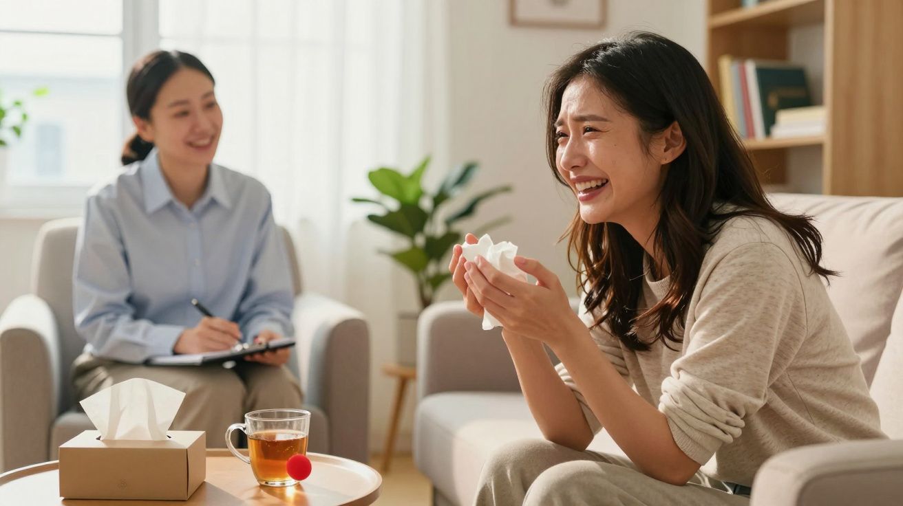 Mulher emocionada a falar com terapeuta numa sessão de aconselhamento num espaço acolhedor.