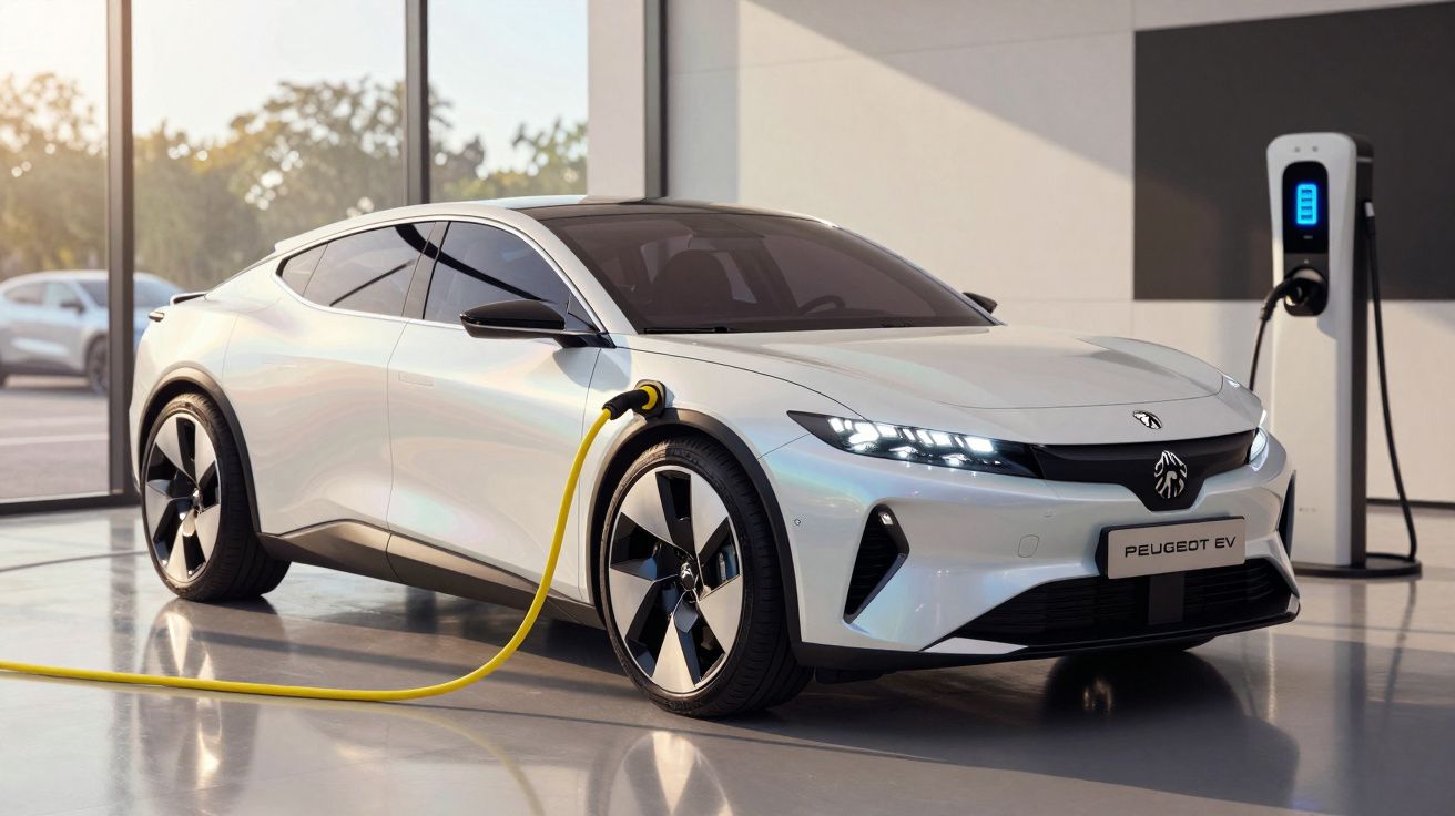 Carro elétrico branco da Peugeot a carregar numa estação de carregamento interior moderna e iluminada.