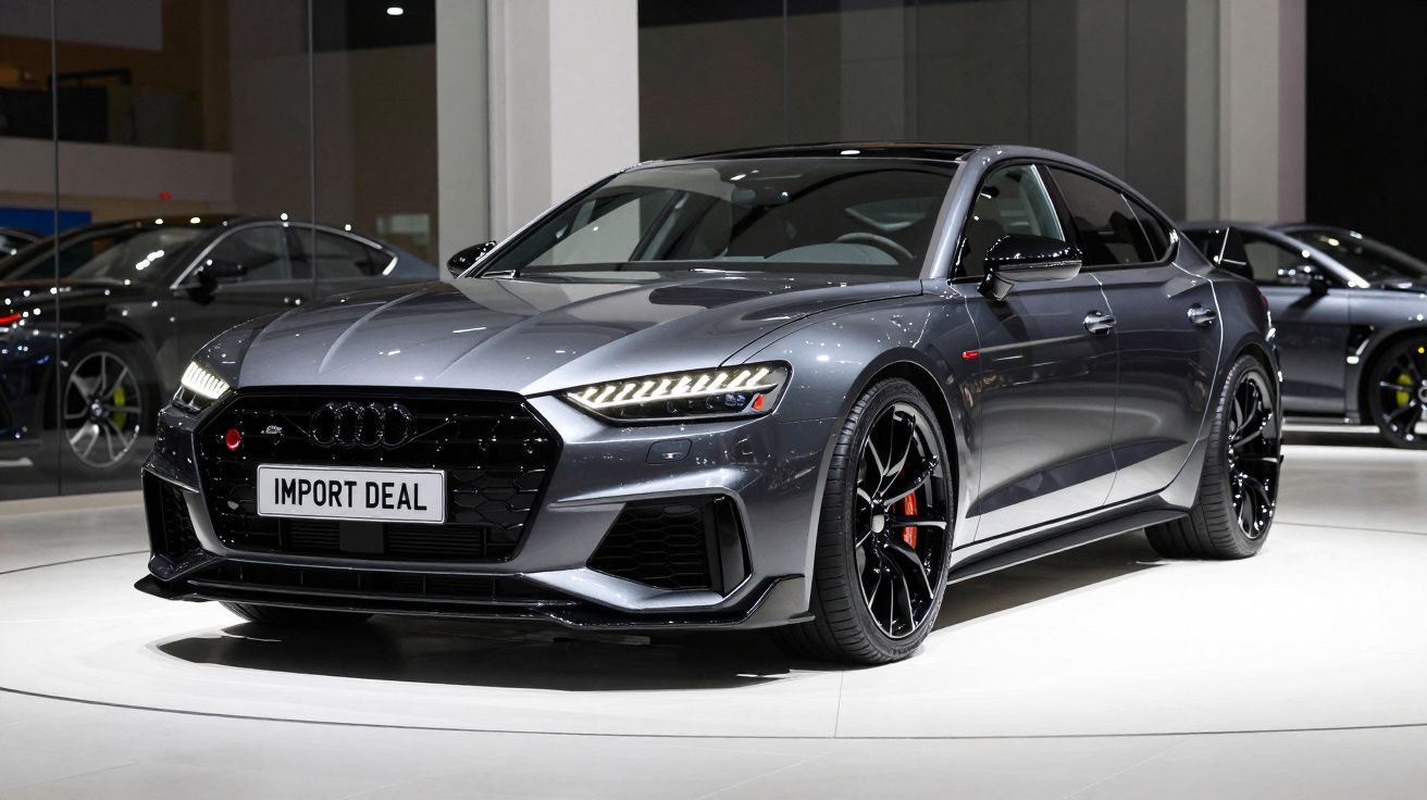 Carro Audi cinzento escuro em exposição, visto de frente e lateral, com jantes pretas e iluminação LED.