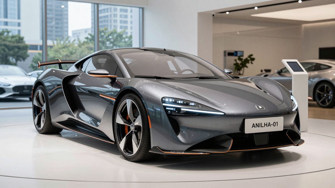 Carro desportivo cinzento metálico em exposição moderna com faróis LED e rodas estilizadas.