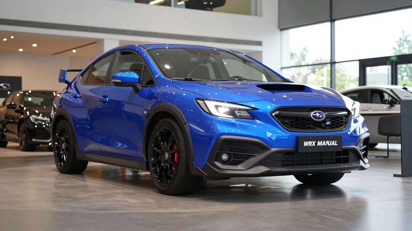 Carro desportivo azul Subaru WRX Manual estacionado em salão de exposições moderno.
