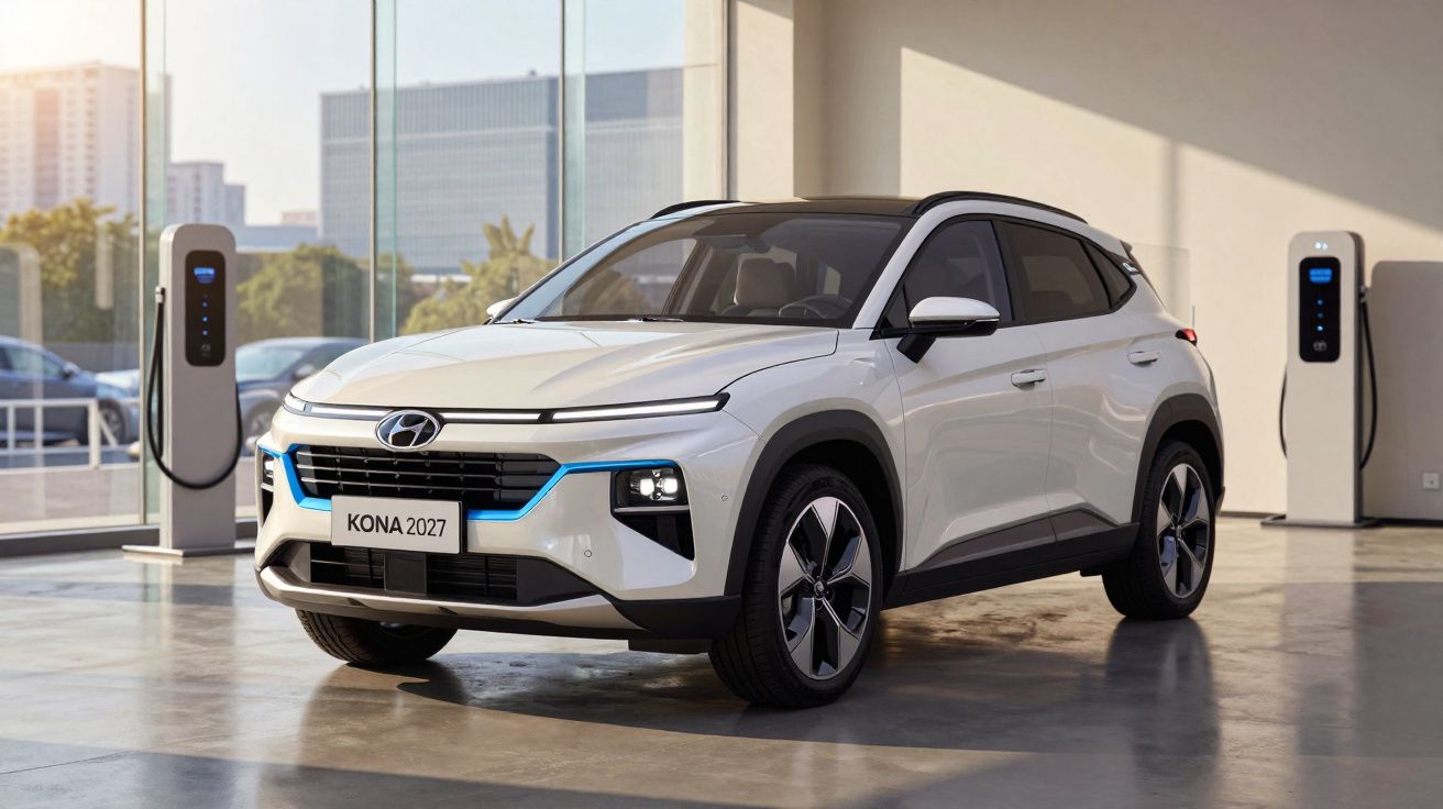 Carro elétrico Hyundai Kona 2027 branco estacionado numa sala com pontos de carregamento elétrico.