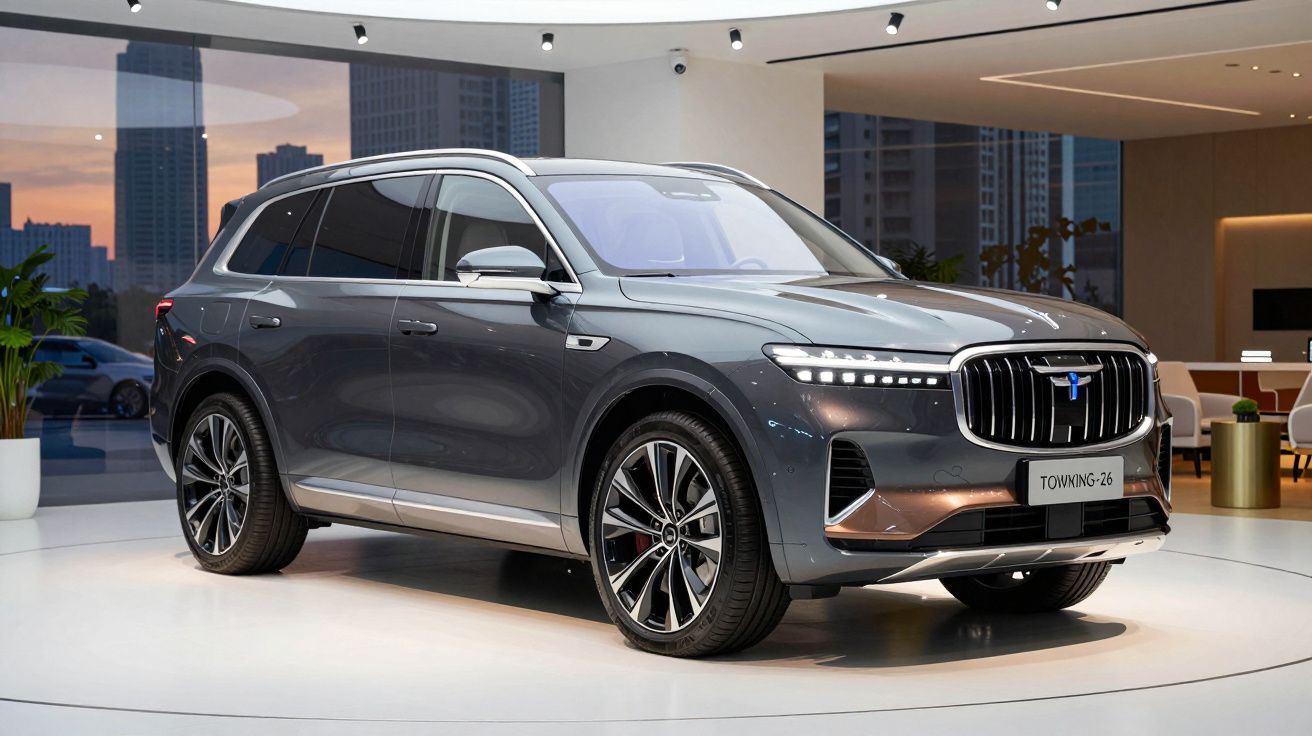 SUV cinzento moderno em exposição interior com jantes grandes e luzes LED ligadas ao pôr do sol.