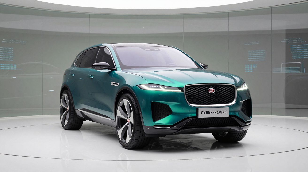 Carro SUV elétrico verde Jaguar Cyber-Revive parado em plataforma rotativa numa sala moderna branca.