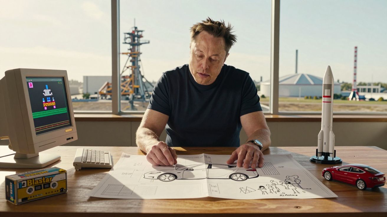 Homem sentado à mesa a desenhar um carro elétrico com maquetas de foguete e carro ao lado, e computador vintage ligado.