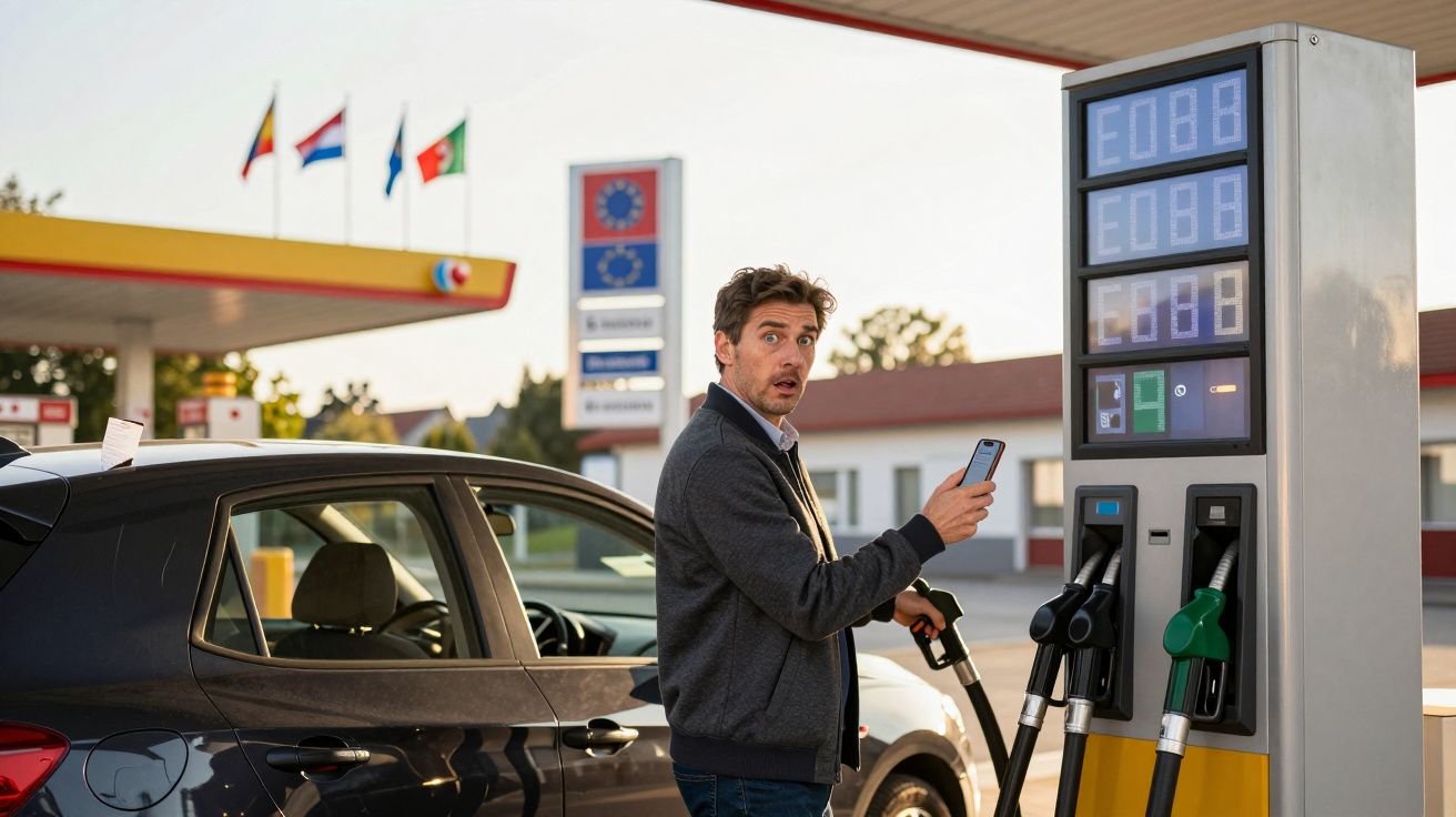 Homem surpreendido a abastecer carro numa bomba de gasolina num posto com bandeiras ao fundo.