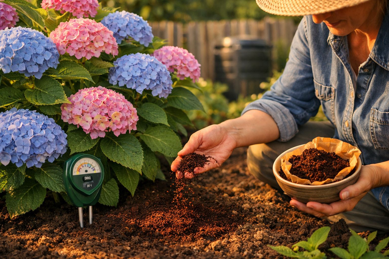 Pessoa a adubar terra no jardim, com flores de hortênsia azuis e rosas ao lado e medidor de pH no solo.