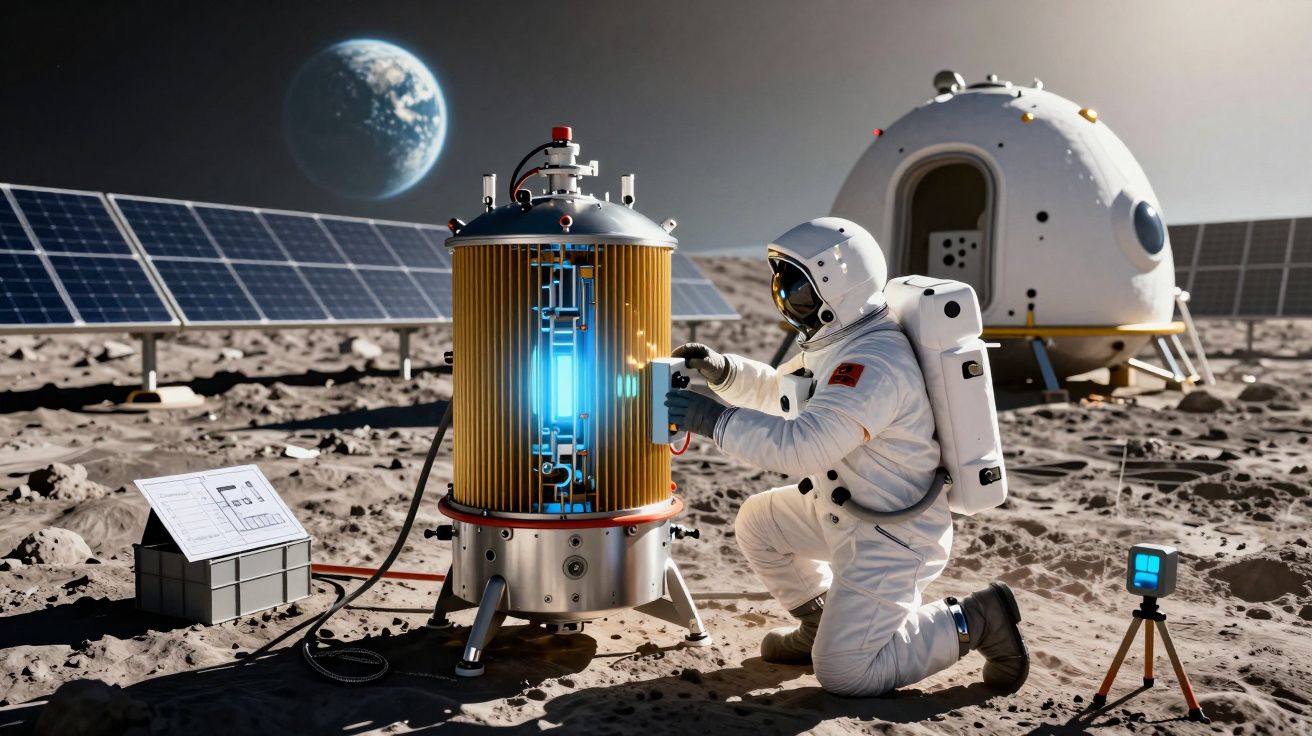 Astronauta a trabalhar num equipamento tecnológico na superfície lunar com a Terra ao fundo.