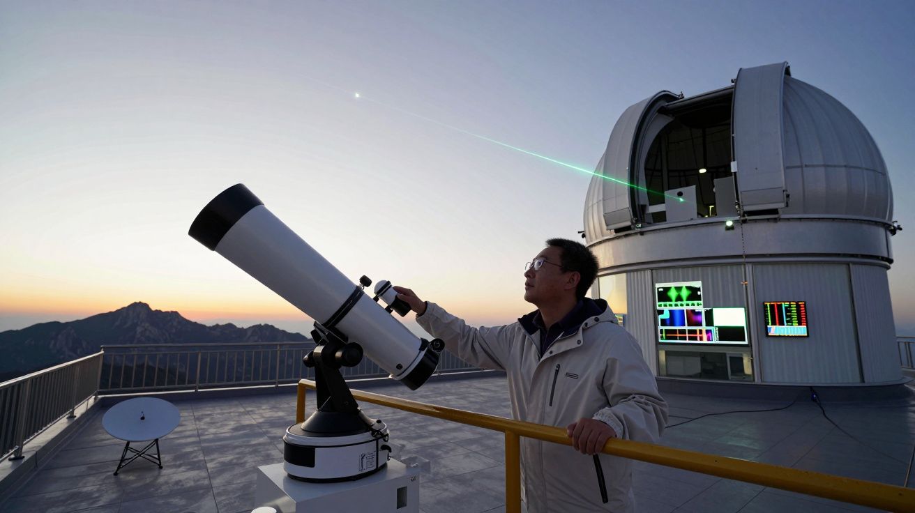 Astrónomo observa através de um telescópio no terraço de um observatório ao pôr do sol com laser a ser emitido.