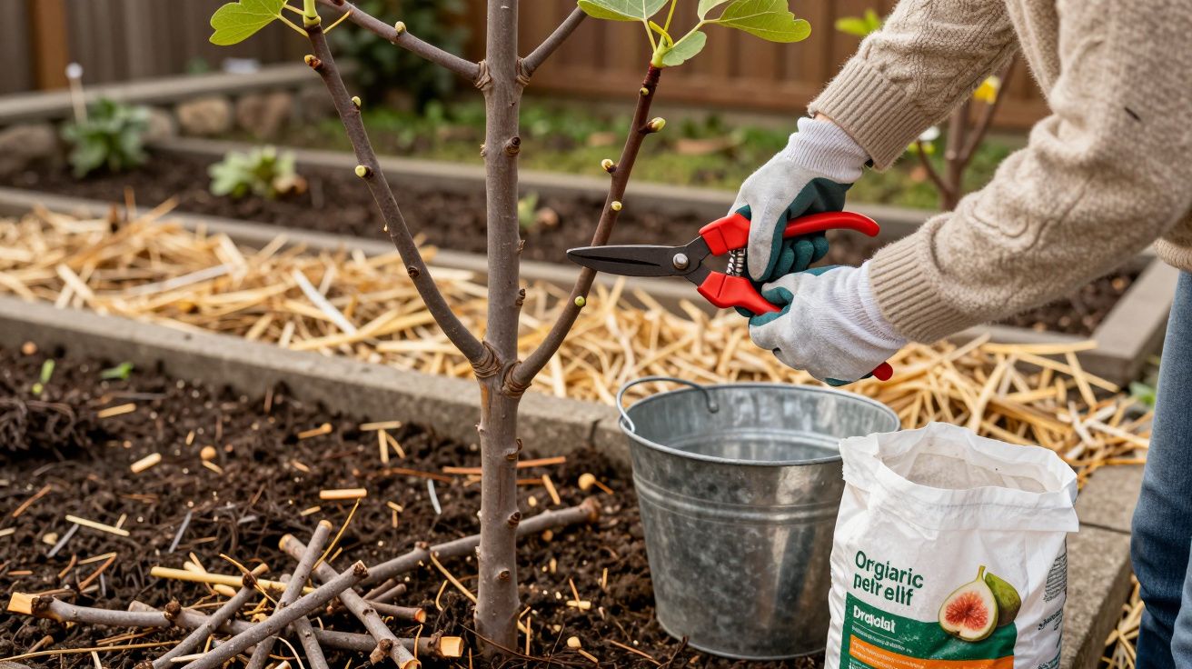 Pessoa a podar ramo de planta jovem num jardim, com balde metálico e saco de fertilizante ao lado.