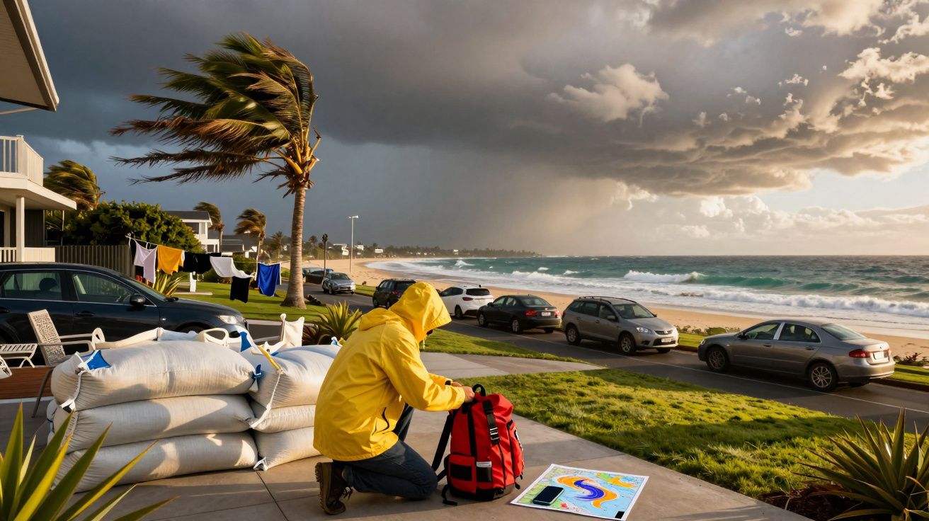 Pessoa com capa amarela prepara equipamentos junto a praia antes de tempestade se aproximar com céu carregado e vento forte.