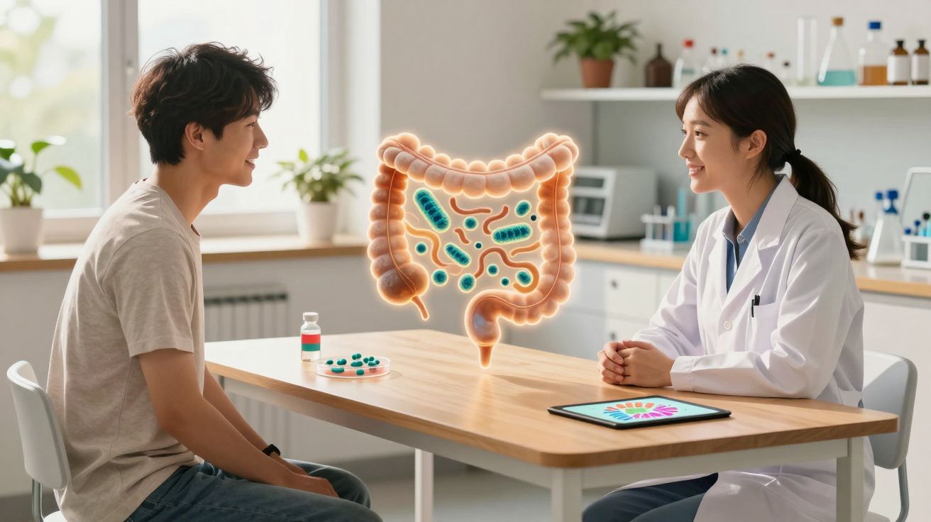 Médica explica a um paciente numa consulta sobre saúde intestinal com ilustração do cólon e bactérias no ar.