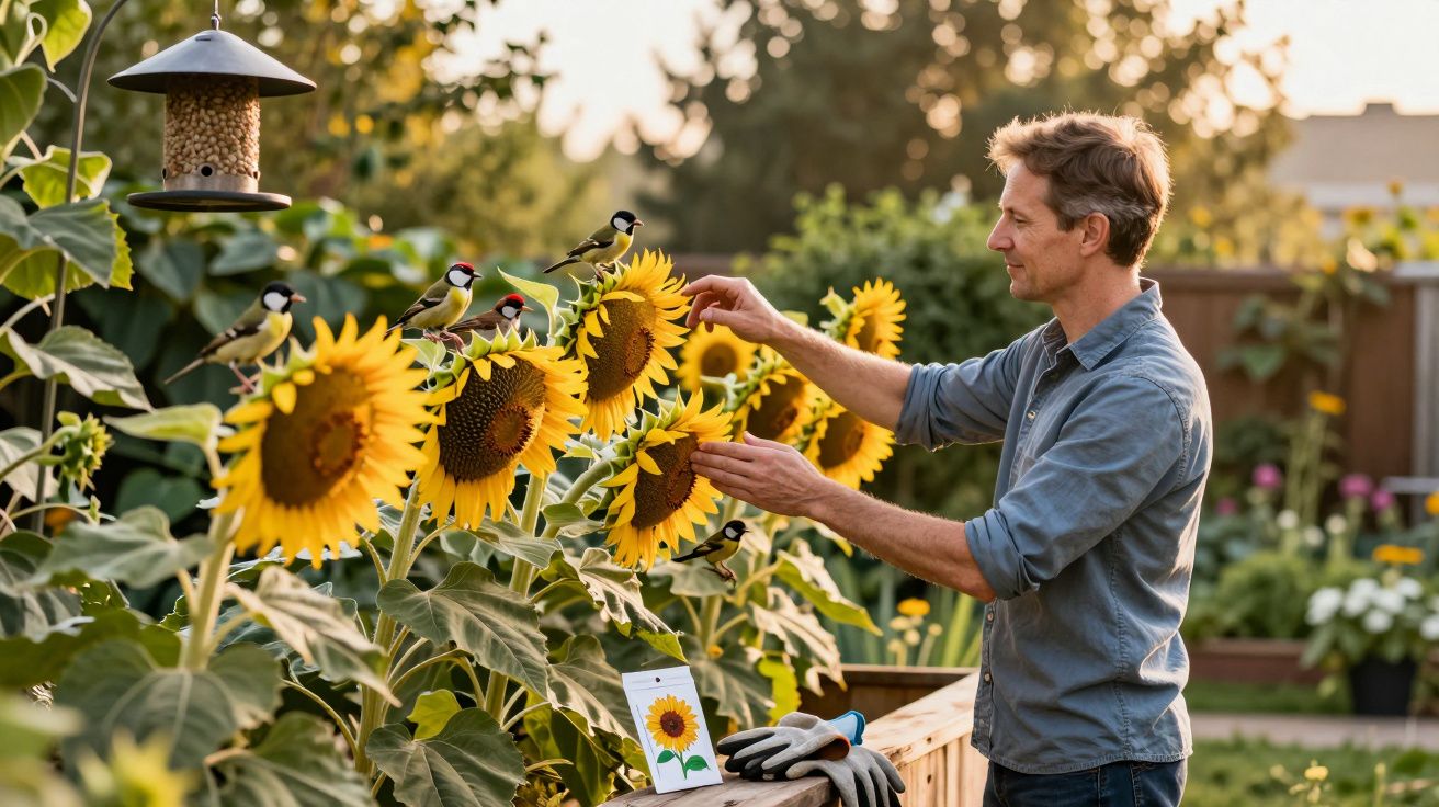 Homem a alimentar pássaros em girassóis num jardim ao pôr do sol.