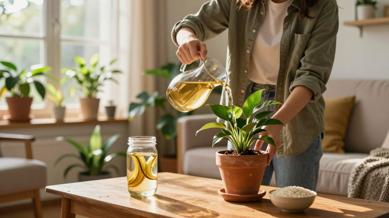 Pessoa a regar planta em vaso de barro numa sala iluminada, com jarra de vidro e tigela na mesa.