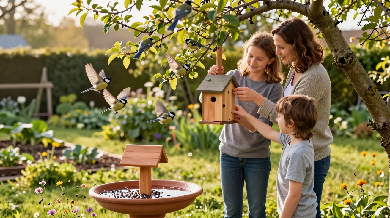 Mãe com filha e filho colocam casa de pássaros num jardim com aves e flores ao redor ao entardecer.
