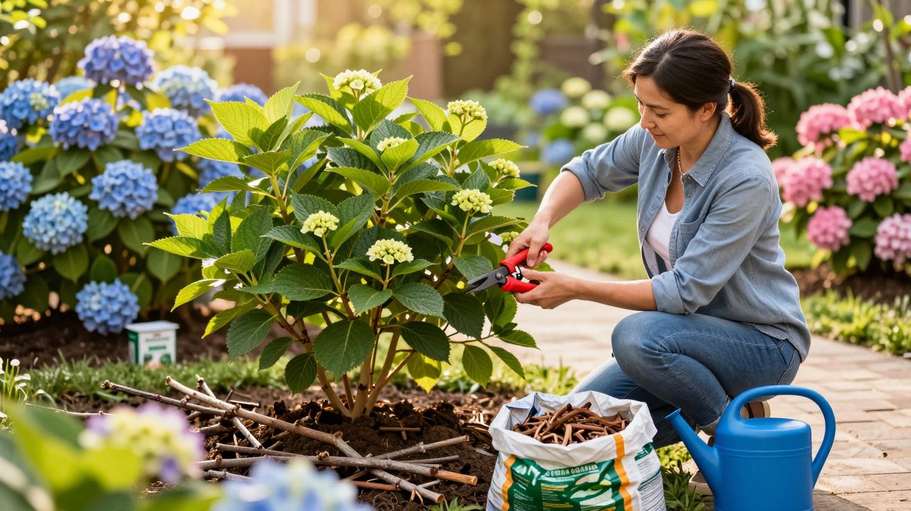 Mulher a podar planta num jardim com flores coloridas, ao lado de um regador azul e saco de ramos.