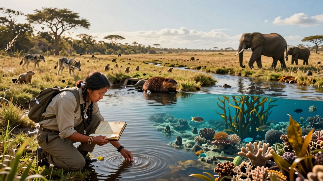 Mulher com caderno toca água de lagoa onde se vê vida selvagem terrestre e marinha numa paisagem africana.