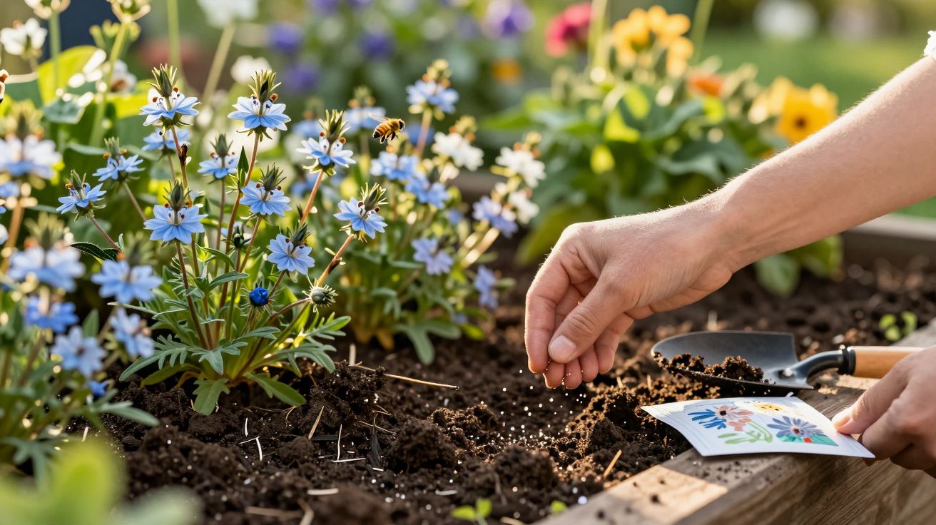 Mãos a semear sementes em canteiro de jardim com flores azuis e abelha voando ao fundo.
