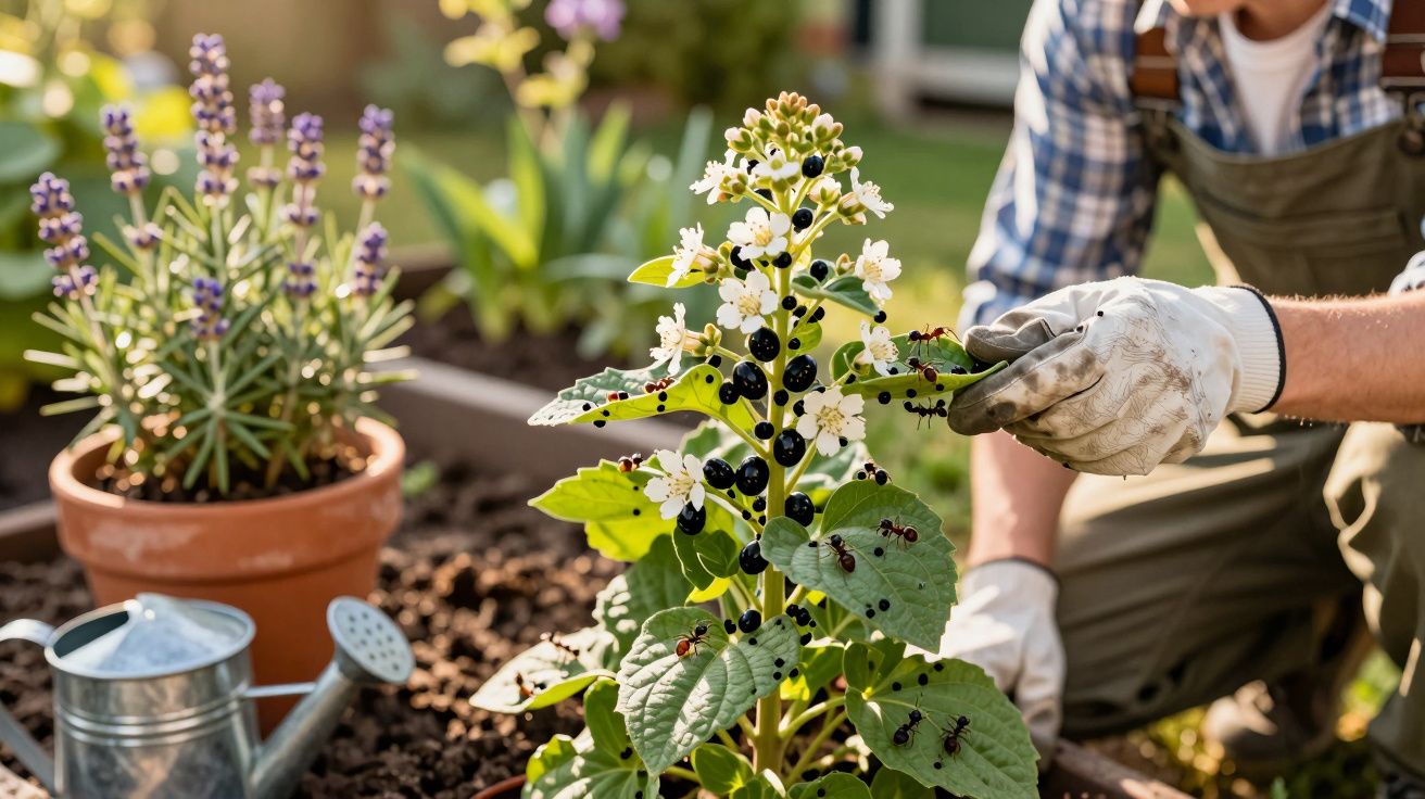 Pessoa a trabalhar num jardim, com luvas a remover formigas de planta com bagas pretas e flores brancas.