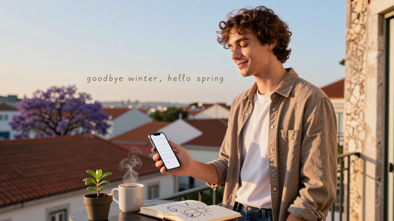 Jovem segurando telemóvel num terraço ao pôr do sol com caderno, planta e chá quente numa mesa.