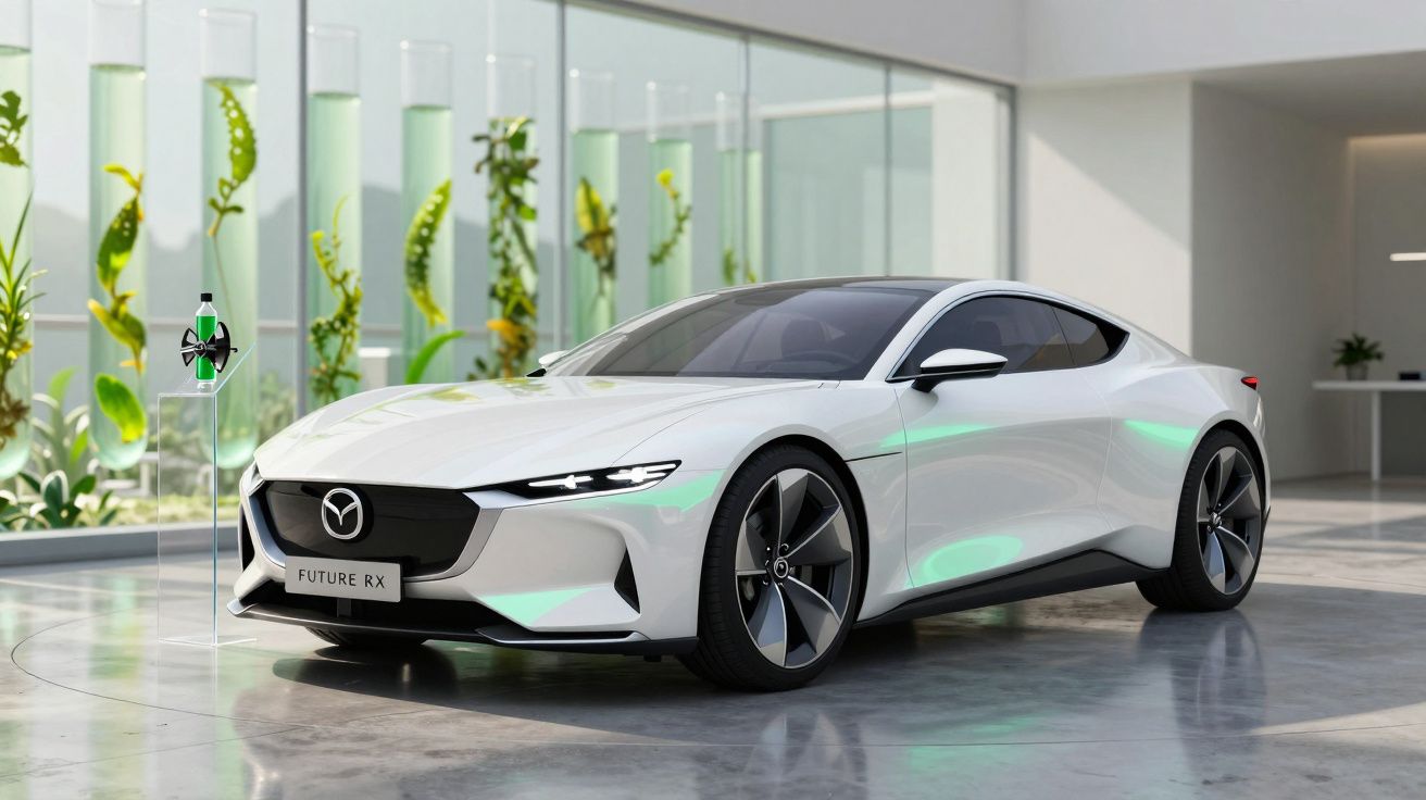 Carro elétrico branco Mazda Future RX estacionado num espaço interior moderno com plantas ao fundo.