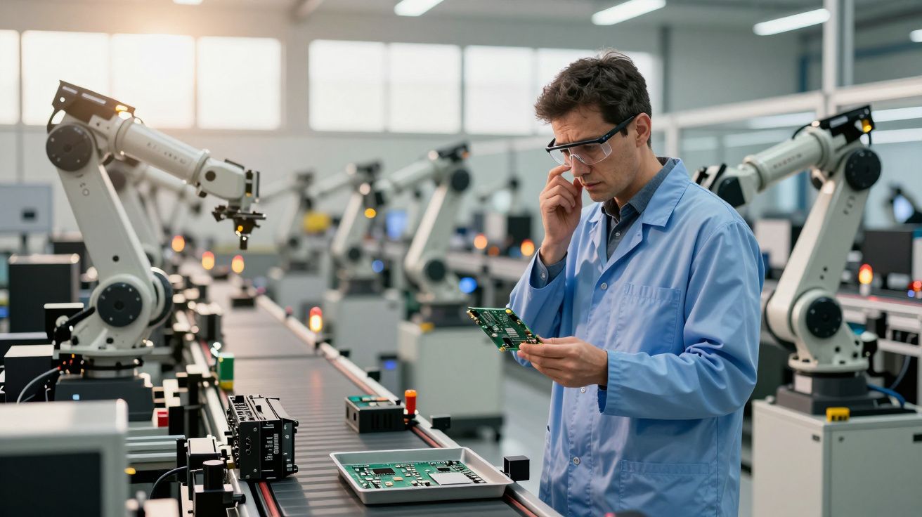 Homem de bata azul analisa placa eletrónica numa fábrica automatizada com braços robóticos.