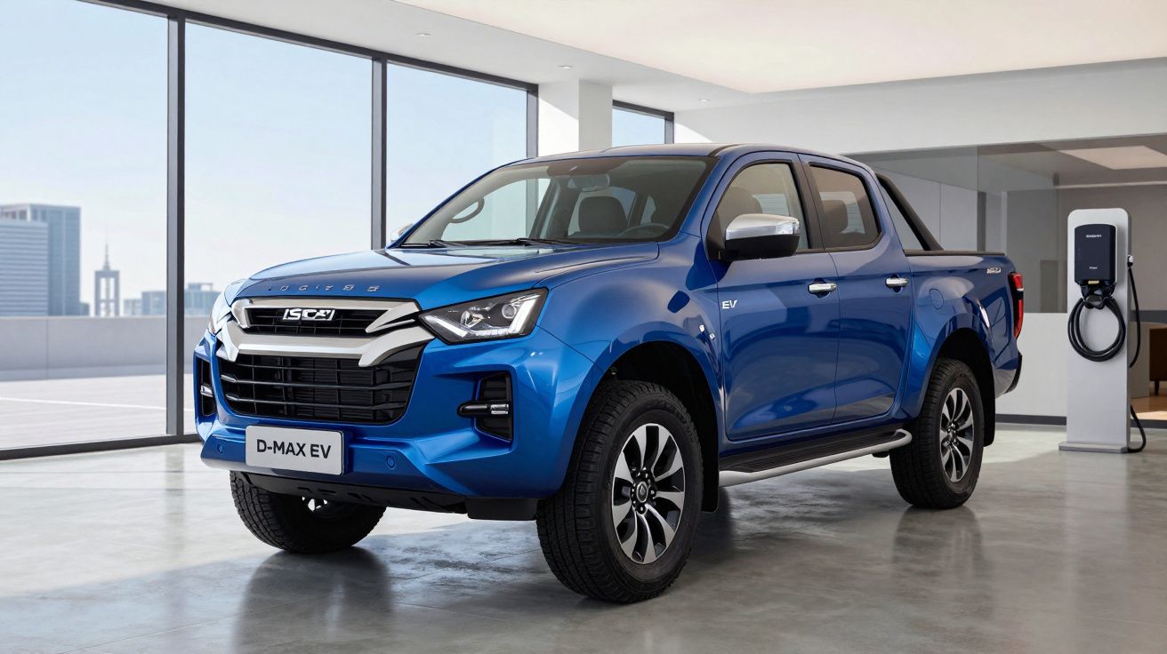 Picape azul elétrica Iscar D-Max EV estacionada em garagem moderna com parede de vidro e posto de carregamento.