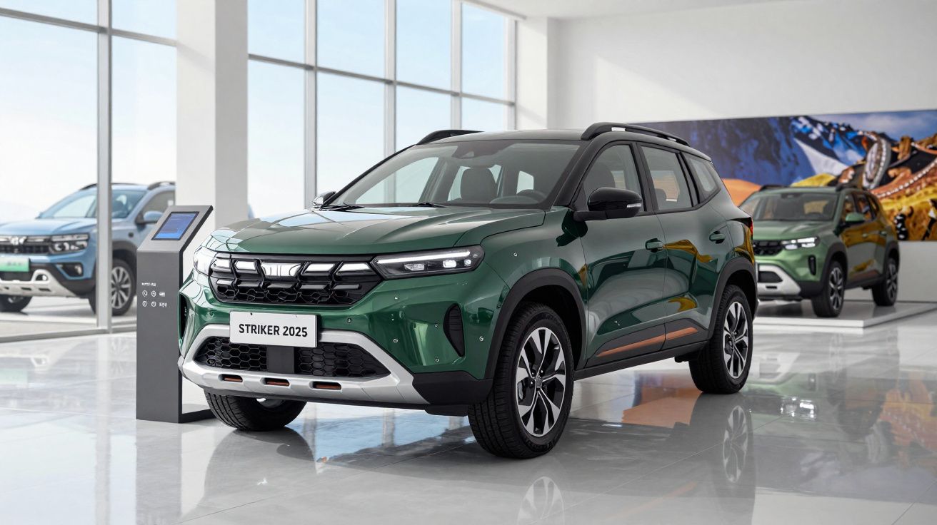 SUV verde Striker 2025 em exposição numa sala de mostra moderna e espaçosa com outros carros ao fundo.