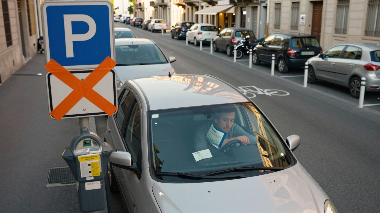 Homem dentro de carro estacionado na rua com sinal de estacionamento proibido e multa no para-brisas.