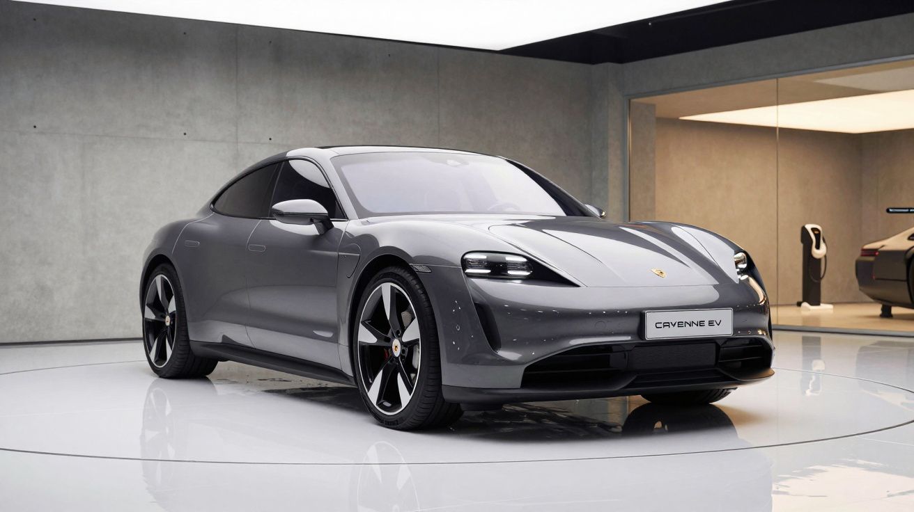 Carro desportivo elétrico cinzento Porsche Taycan apresentado em exposição minimalista.