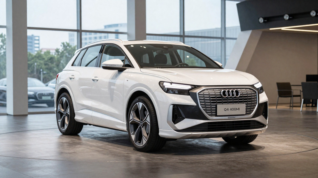 Carro Audi Q4 400MI branco estacionado num espaço interior moderno com janelas grandes.