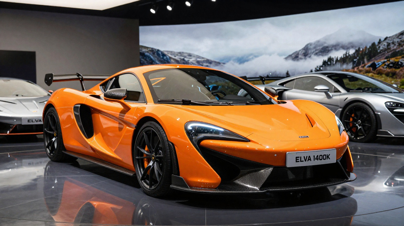 Carro desportivo McLaren Elva laranja em exposição com outros modelos ao fundo.
