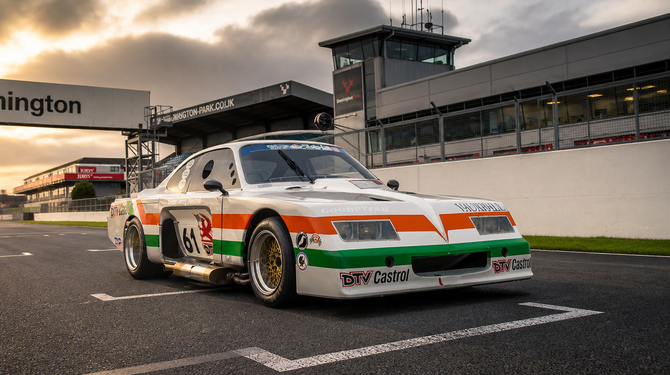 Carro de corrida clássico branco com riscas laranja, verdes e pretas numa pista sob céu nublado ao pôr do sol.