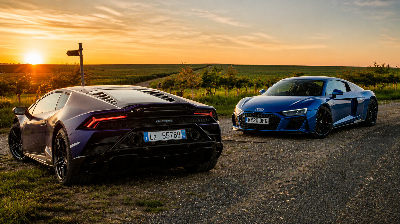 Dois carros desportivos, Lamborghini preto e Audi azul, parados numa estrada de terra ao pôr do sol.