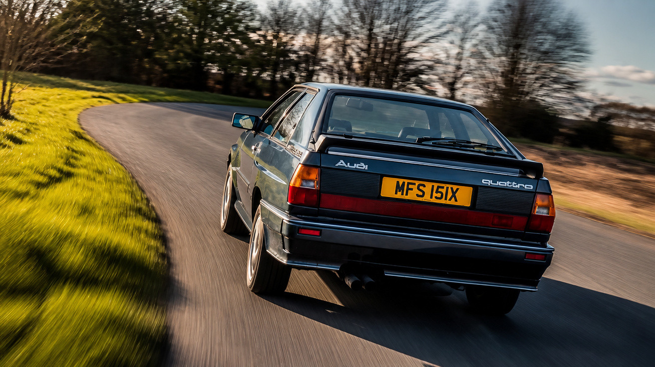 Carro Audi quattro clássico a circular numa estrada curva com relva e árvores ao redor em dia ensolarado.
