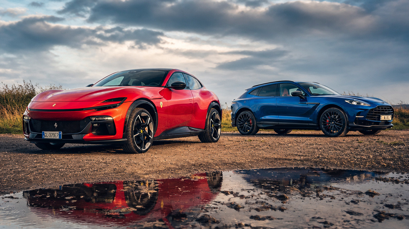 Dois carros de luxo, um vermelho e outro azul, estacionados em estrada de terra com céu nublado ao fundo.