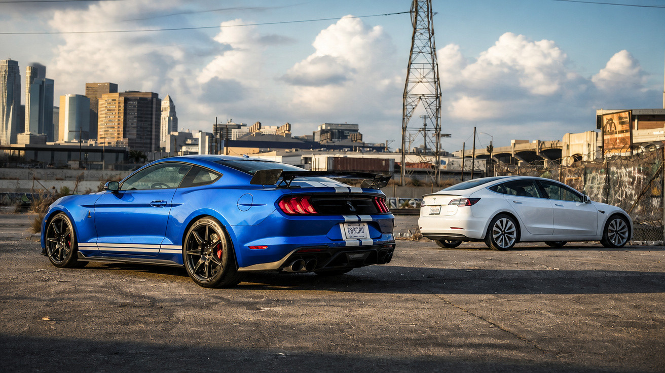 Dois carros estacionados num terreno urbano: um Ford Mustang azul e um Tesla branco, com cidade ao fundo.
