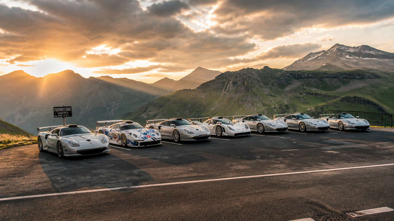 Seis carros desportivos Porsche clássicos estacionados junto a uma estrada de montanha ao pôr do sol.