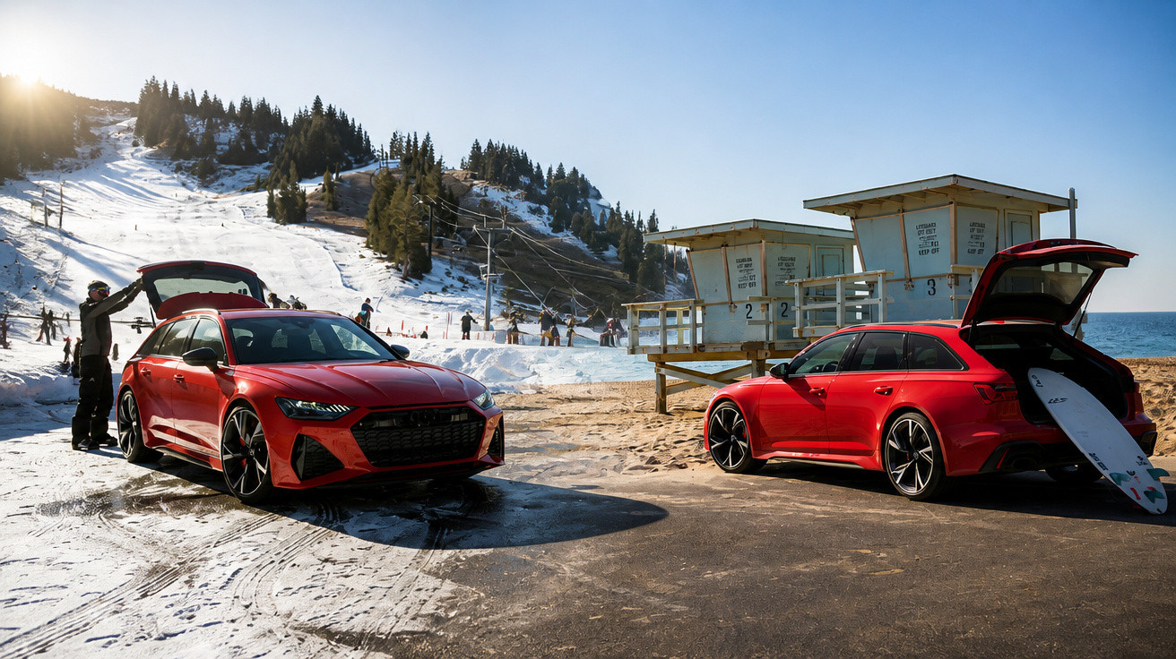 Dois carros vermelhos estacionados na praia, um com prancha de surf e pessoas a esqui na neve ao fundo.