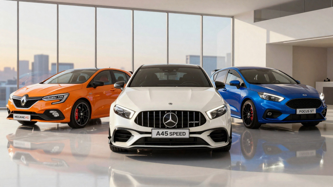 Três carros desportivos estacionados em interior com grandes janelas, cores laranja, branco e azul.