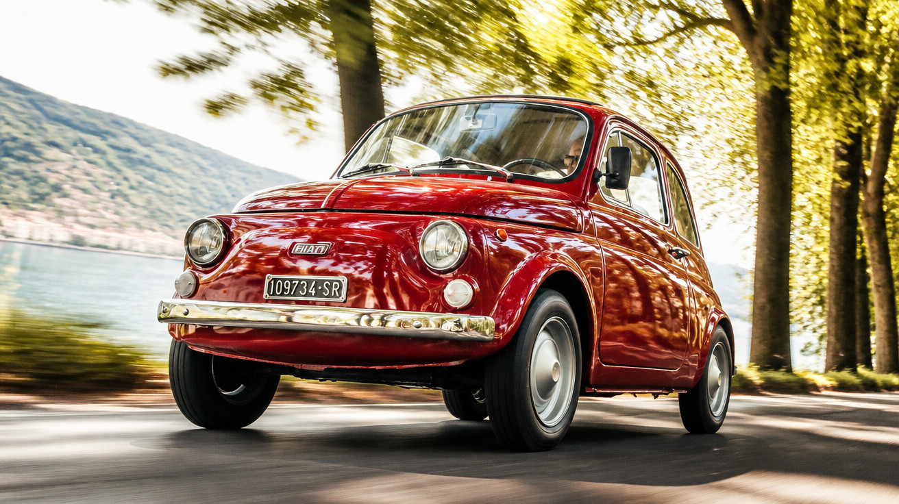 Carro clássico Fiat 500 vermelho a circular numa estrada rodeada de árvores e corpo de água ao fundo.