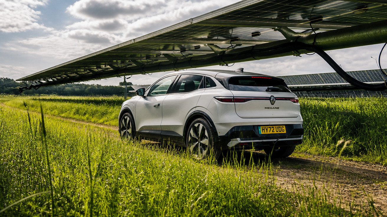 Carro elétrico branco estacionado numa estrada de terra, sob painéis solares num campo verde.
