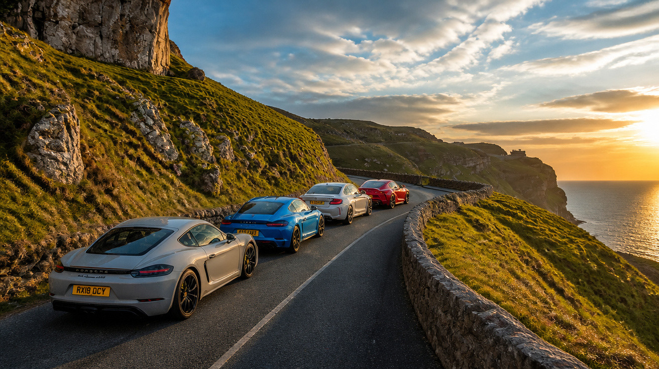 Quatro carros desportivos estacionados numa estrada costeira ao pôr do sol entre penhascos e o mar.
