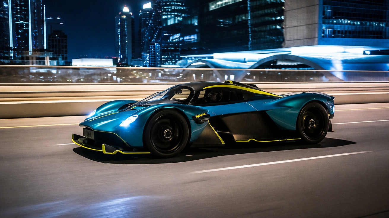 Carro desportivo azul elétrico a alta velocidade numa estrada urbana iluminada à noite.