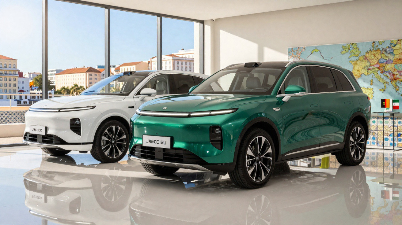 Dois carros elétricos SUV Jaeco, um verde e um branco, estacionados num show-room moderno com vista para a cidade.