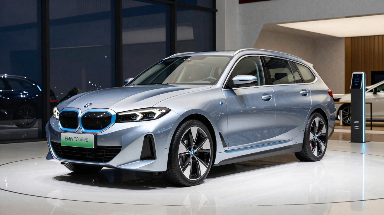 Carro BMW Touring elétrico cinzento prata, em exibição numa sala moderna com carregador elétrico ao fundo.