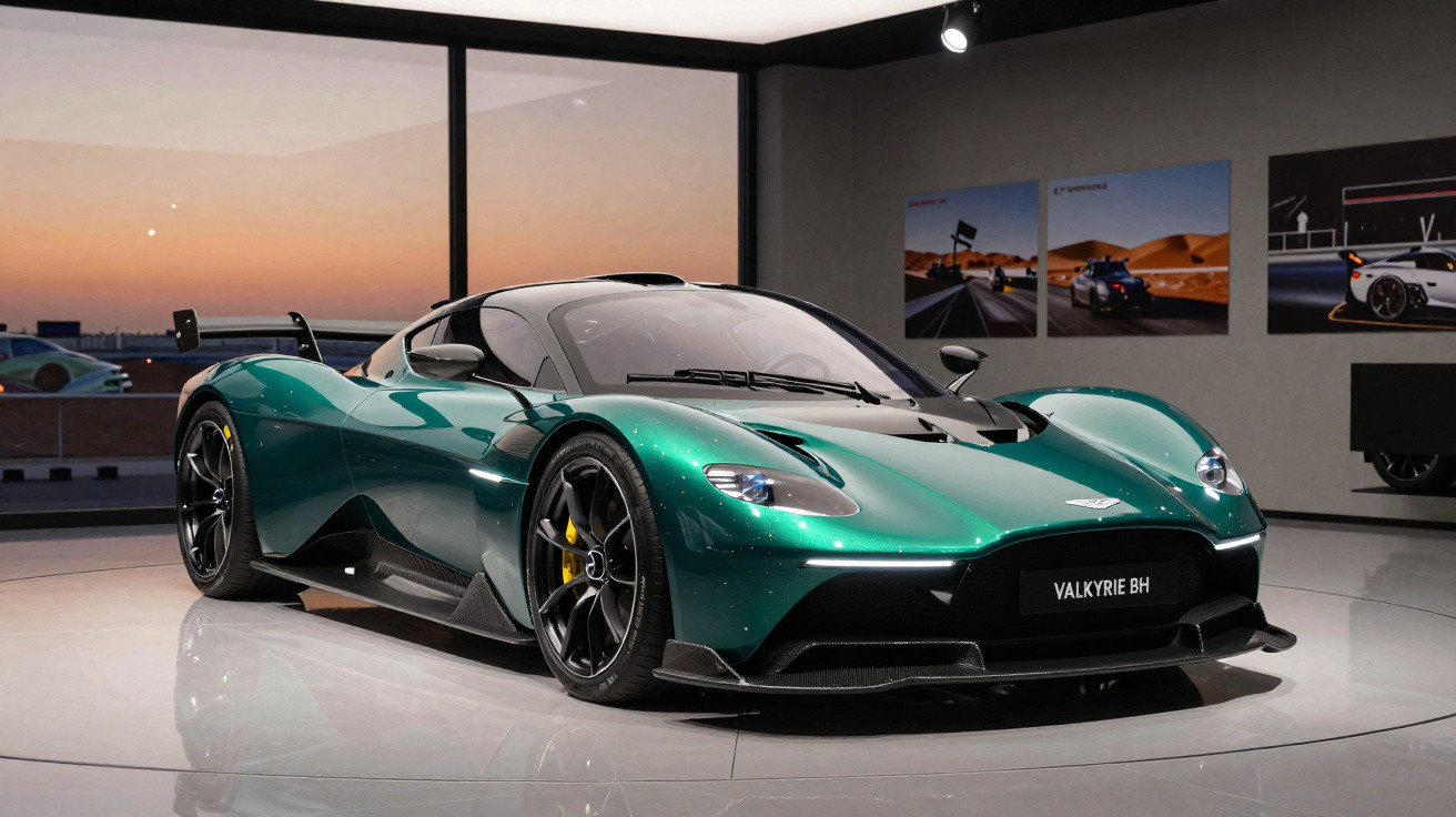 Carro desportivo verde Aston Martin Valkyrie BH em exposição num showroom moderno com luz suave do pôr do sol.